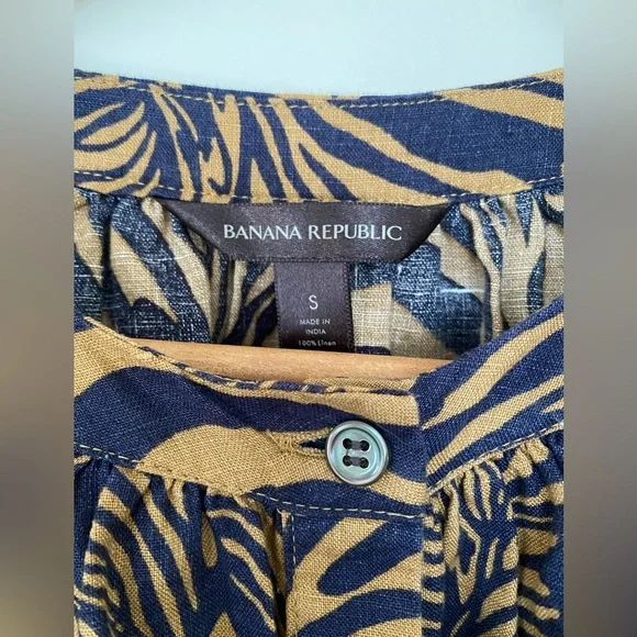 Banana Republic button down linen blouse peasant jungle zebra safari stripes 💙🤎 - Picture 4 of 11